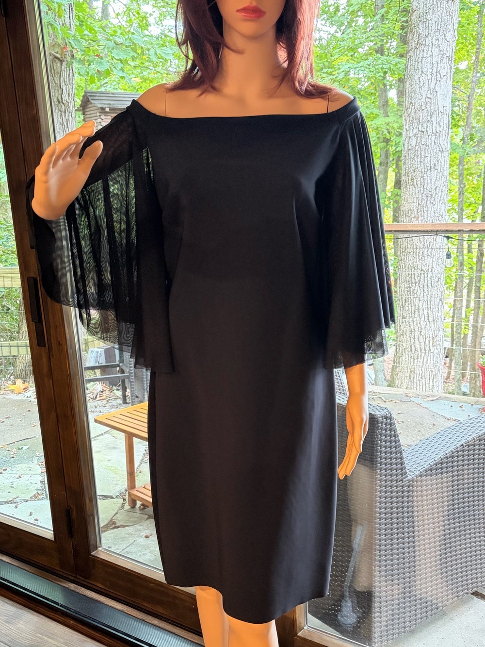 Chiara Boni Elegant Black Off-Shoulder Dress with Sheer Bell Sleeves